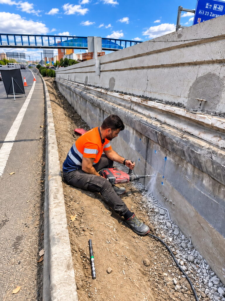 Obrero perforando muro de hormigón